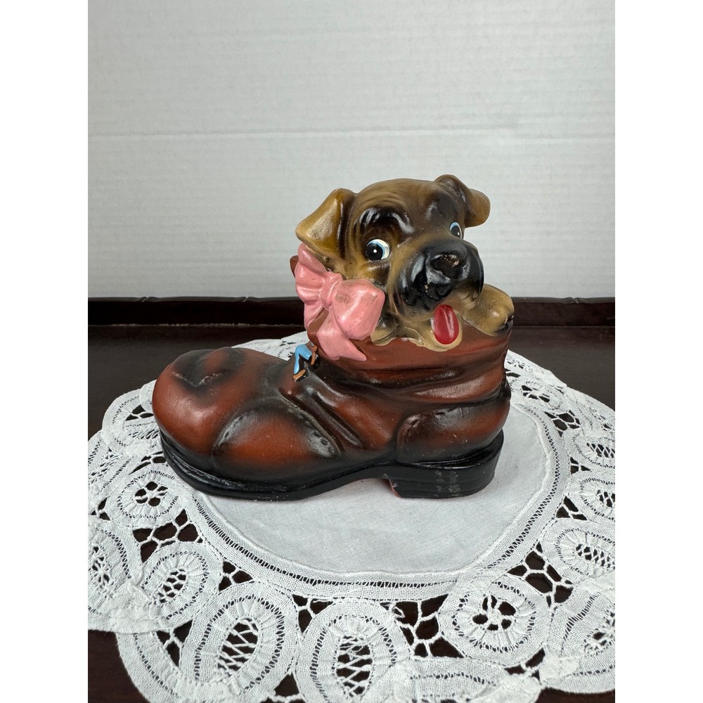 Vintage Ceramic Puppy‎ Dog in Shoe Piggy Bank Boxer Bow Brown Boot Mid Century